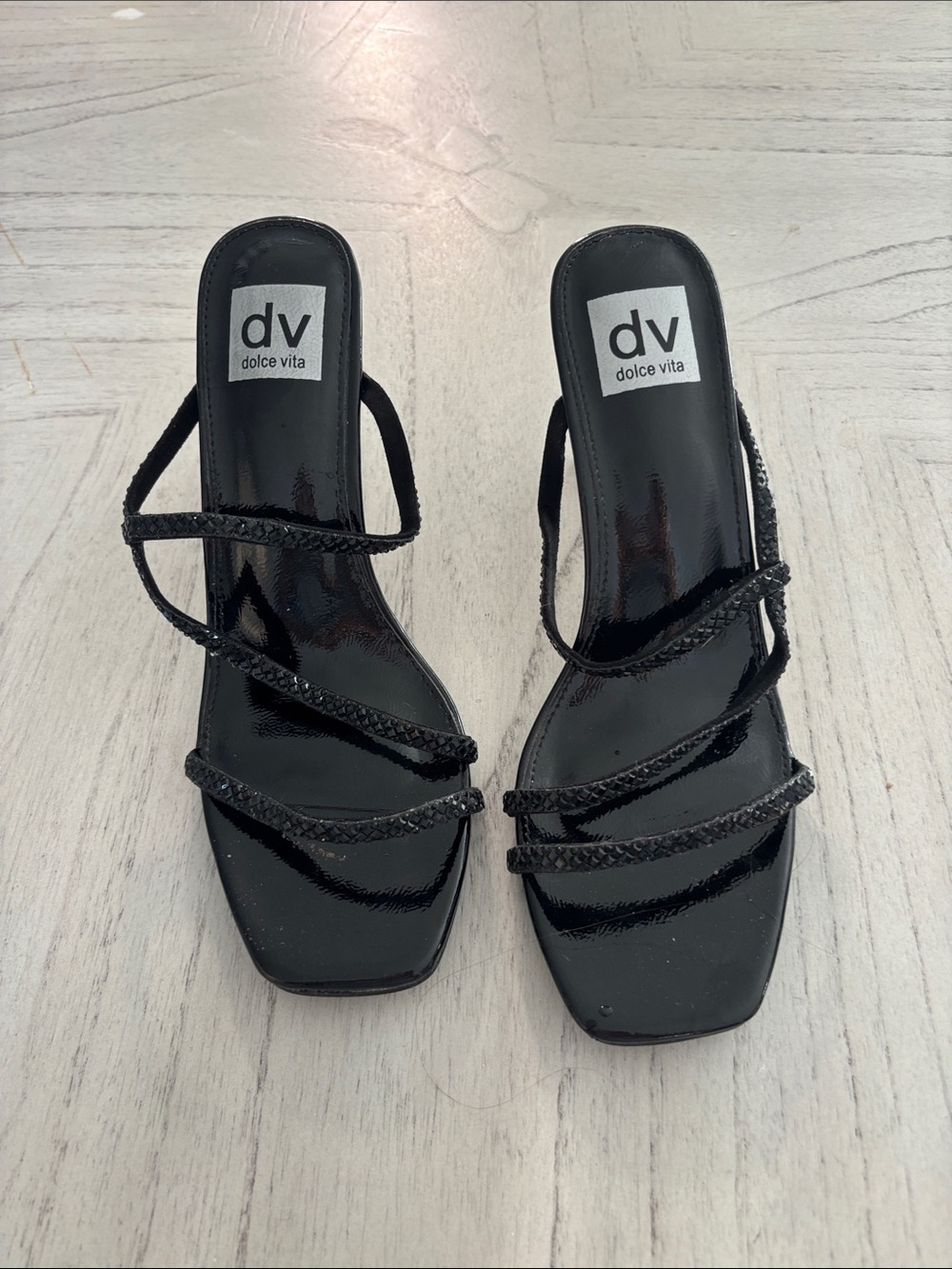 Dolce Vita Black Patent Strappy Heels with Embellished Straps